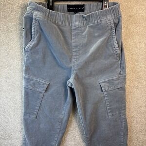 Edgar + Ash Cargo Pants Mens Small Blue Grey Corduroy Elastic Waist Raw Hem READ